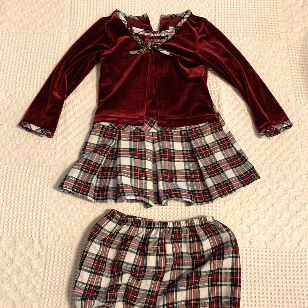 Velvet & plaid dress with matching bloomers